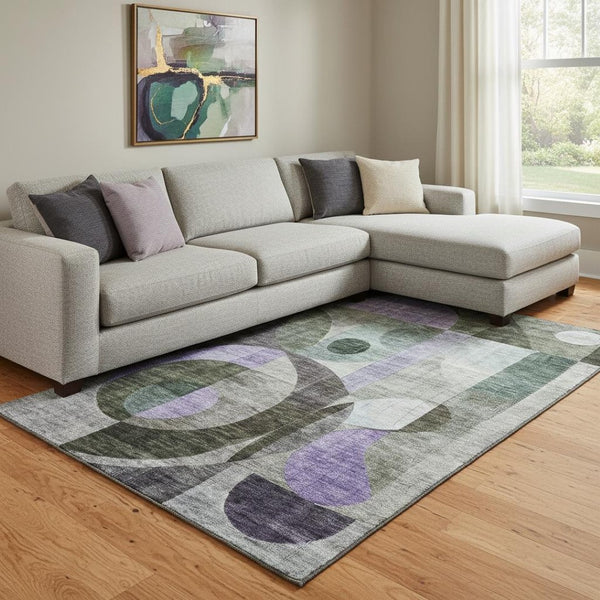 HomeRoots 10' X 14' Modern Olive Green, Purple & Brown Geometric Washable Area Rug with UV Protection & Durability 684810
