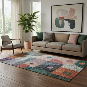 HomeRoots 5' Vibrant Geometric Area Rug in Orange, Teal, and Purple - Washable, UV-Protected, Kid & Pet Friendly! 684812