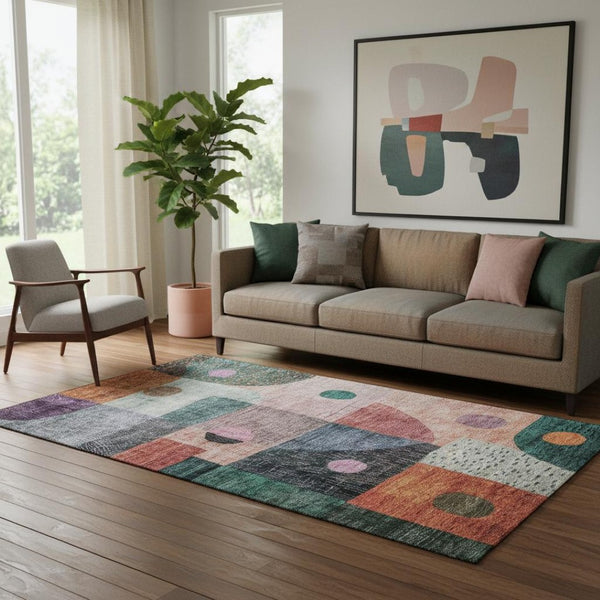 HomeRoots 5' Vibrant Geometric Area Rug in Orange, Teal, and Purple - Washable, UV-Protected, Kid & Pet Friendly! 684812