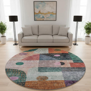 HomeRoots 8' Vibrant Orange, Teal & Purple Geometric Round Rug - Washable, UV Protected for High-Traffic Areas 684813
