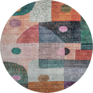 HomeRoots 8' Vibrant Orange, Teal & Purple Geometric Round Rug - Washable, UV Protected for High-Traffic Areas 684813