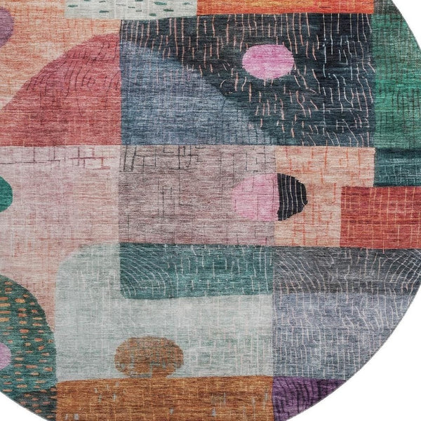 HomeRoots 8' Vibrant Orange, Teal & Purple Geometric Round Rug - Washable, UV Protected for High-Traffic Areas 684813