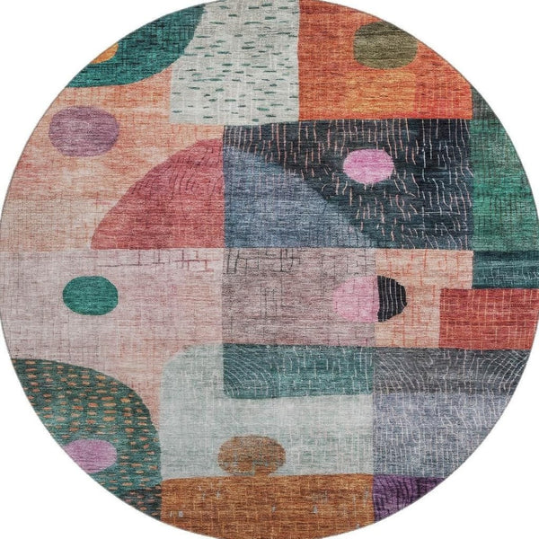 HomeRoots 8' Vibrant Orange, Teal & Purple Geometric Round Rug - Washable, UV Protected for High-Traffic Areas 684813