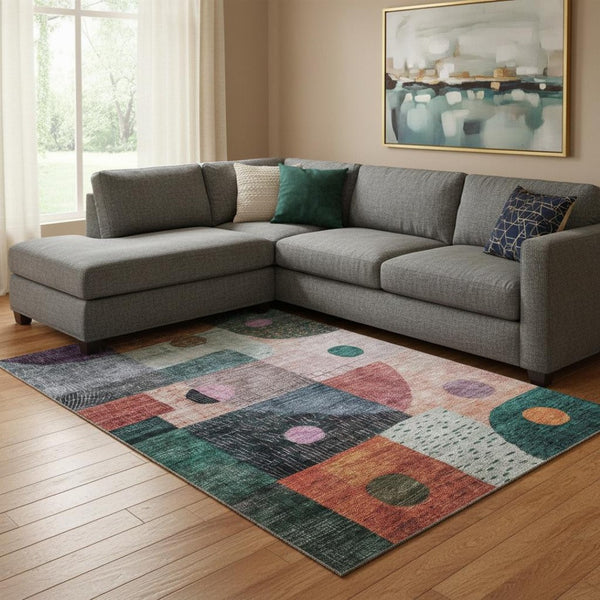 HomeRoots 8' X 10' Vibrant Orange, Teal & Purple Geometric Washable Area Rug with UV Protection for Homes 684814