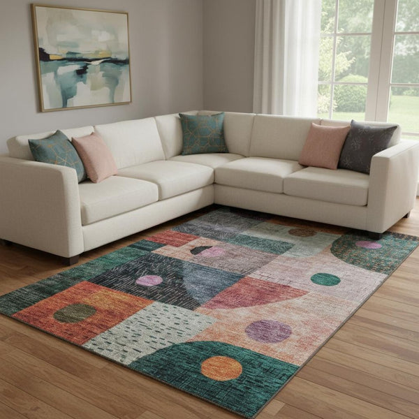 HomeRoots 10' Vibrant Orange, Teal & Purple Geometric Washable Area Rug with UV Protection for Any Space 684816