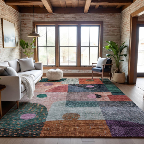 HomeRoots 10' Vibrant Orange, Teal & Purple Geometric Washable Area Rug with UV Protection for Any Space 684816