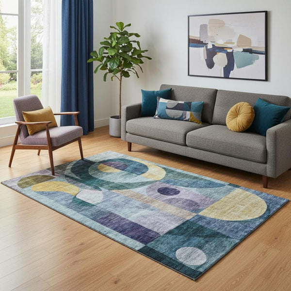 HomeRoots 5' X 8' Abstract Geometric Area Rug in Bold Blue, Gold & Purple – Washable, UV-Protected & Stylish 684818