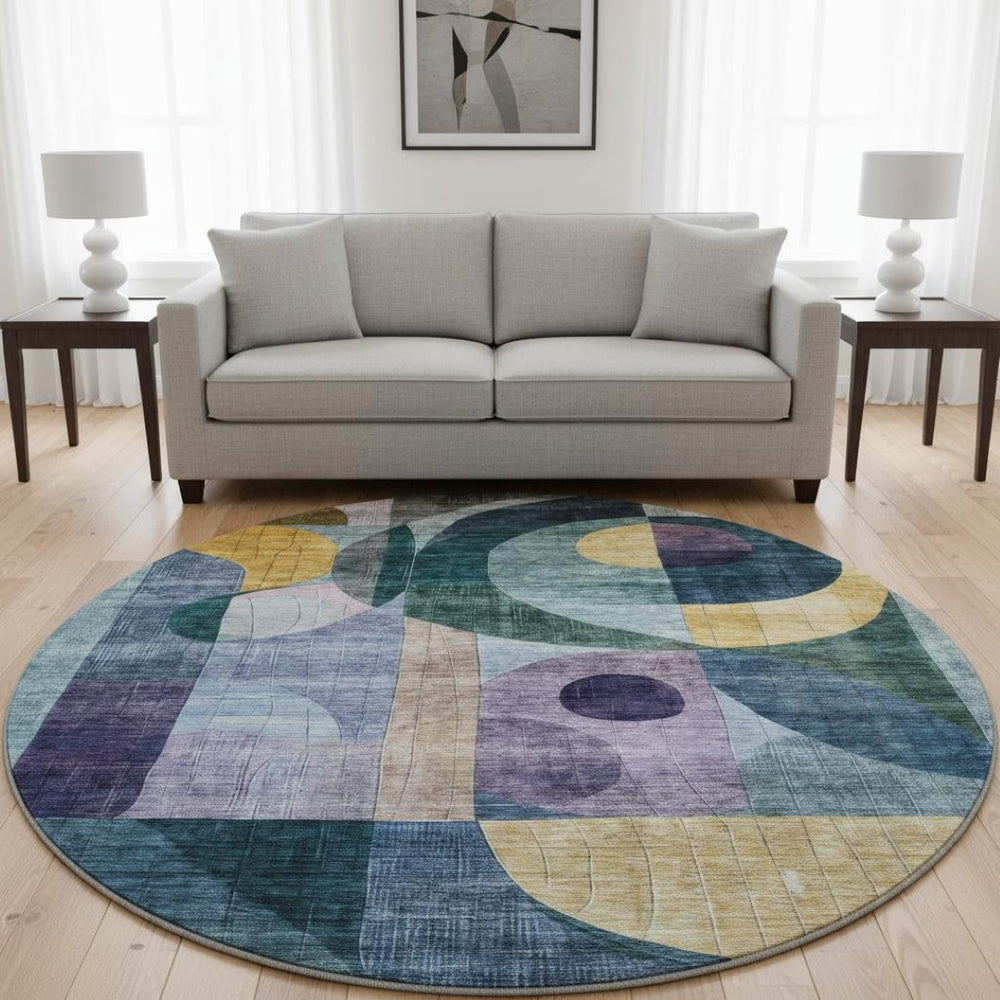 HomeRoots 8' Vibrant Blue, Gold & Purple Abstract Round Rug - Washable, UV-Protected, Stain-Resistant Design 684819
