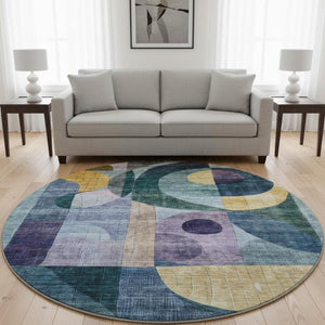 HomeRoots 8' Vibrant Blue, Gold & Purple Abstract Round Rug - Washable, UV-Protected, Stain-Resistant Design 684819