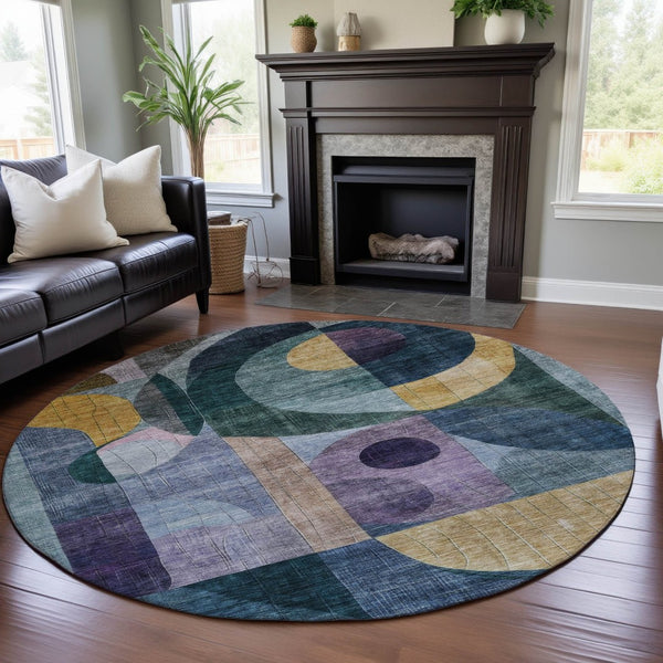 HomeRoots 8' Vibrant Blue, Gold & Purple Abstract Round Rug - Washable, UV-Protected, Stain-Resistant Design 684819