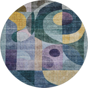 HomeRoots 8' Vibrant Blue, Gold & Purple Abstract Round Rug - Washable, UV-Protected, Stain-Resistant Design 684819