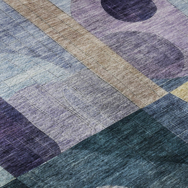 HomeRoots 8' Vibrant Blue, Gold & Purple Abstract Round Rug - Washable, UV-Protected, Stain-Resistant Design 684819