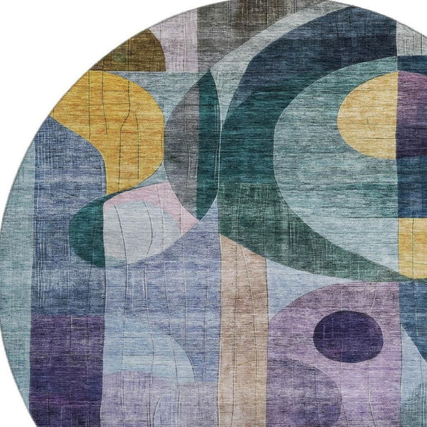 HomeRoots 8' Vibrant Blue, Gold & Purple Abstract Round Rug - Washable, UV-Protected, Stain-Resistant Design 684819