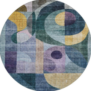 HomeRoots 8' Vibrant Blue, Gold & Purple Abstract Round Rug - Washable, UV-Protected, Stain-Resistant Design 684819