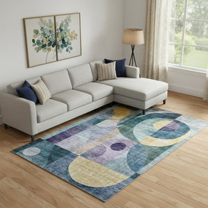 HomeRoots 9' X 12' Abstract Geometric Area Rug – Durable Washable Design in Bold Blue, Gold & Purple Tones 684821