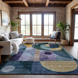 HomeRoots 9' X 12' Abstract Geometric Area Rug – Durable Washable Design in Bold Blue, Gold & Purple Tones 684821