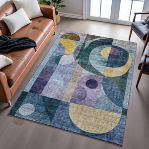 HomeRoots 9' X 12' Abstract Geometric Area Rug – Durable Washable Design in Bold Blue, Gold & Purple Tones 684821