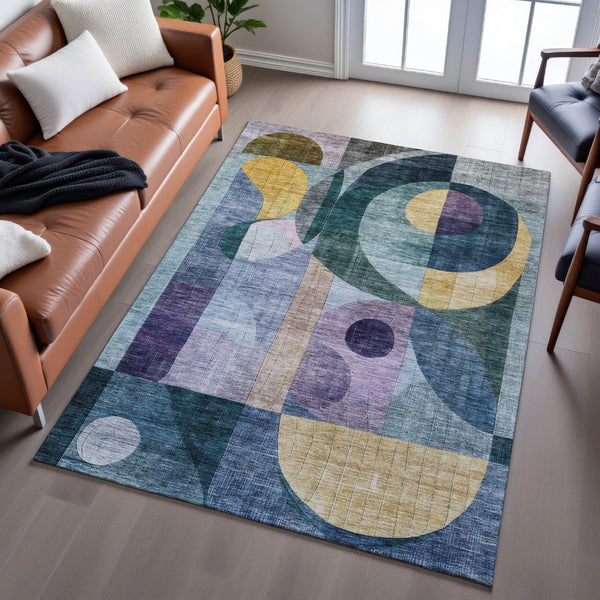 HomeRoots 9' X 12' Abstract Geometric Area Rug – Durable Washable Design in Bold Blue, Gold & Purple Tones 684821