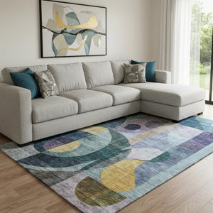 HomeRoots 10' X 14' Abstract Geometric Area Rug in Blue, Gold & Purple - Stain-Resistant & UV Protected! 684822