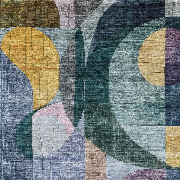 HomeRoots 10' X 14' Abstract Geometric Area Rug in Blue, Gold & Purple - Stain-Resistant & UV Protected! 684822