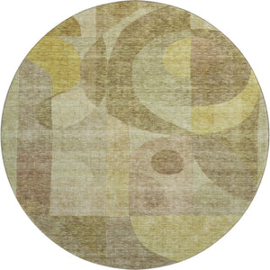 HomeRoots 8' Wheat Beige and Gold Abstract Geometric Round Rug - Washable, UV Protected, Stain Resistant, Soft 684825