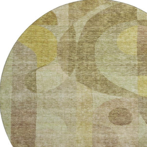 HomeRoots 8' Wheat Beige and Gold Abstract Geometric Round Rug - Washable, UV Protected, Stain Resistant, Soft 684825