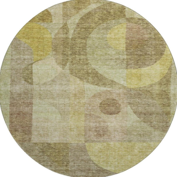 HomeRoots 8' Wheat Beige and Gold Abstract Geometric Round Rug - Washable, UV Protected, Stain Resistant, Soft 684825