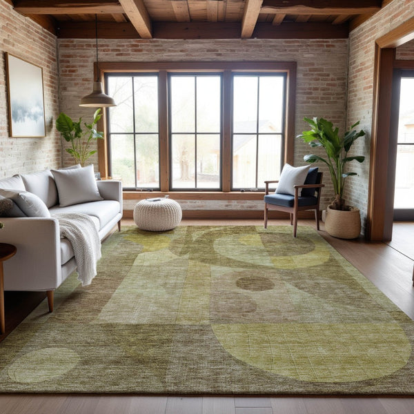 HomeRoots 9' X 12' Wheat Beige & Gold Abstract Geometric Area Rug - Washable, Stain Resistant, UV Protected 684827