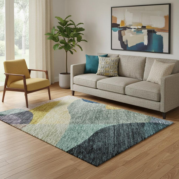 HomeRoots 5' X 8' Vibrant Abstract Geometric Area Rug - Green, Purple, Gold, Teal with UV Protection & Durability 684830