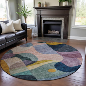 HomeRoots 8' Vibrant Abstract Geometric Round Rug in Green, Purple, Gold & Teal – Washable & UV Protected for Durability 684831