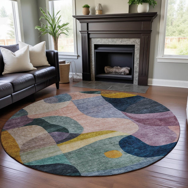 HomeRoots 8' Vibrant Abstract Geometric Round Rug in Green, Purple, Gold & Teal – Washable & UV Protected for Durability 684831