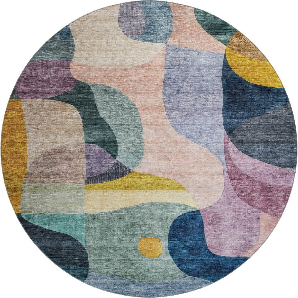 HomeRoots 8' Vibrant Abstract Geometric Round Rug in Green, Purple, Gold & Teal – Washable & UV Protected for Durability 684831