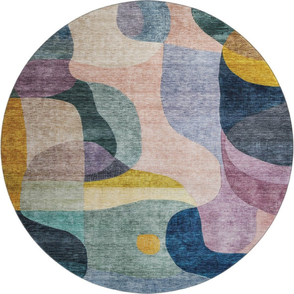 HomeRoots 8' Vibrant Abstract Geometric Round Rug in Green, Purple, Gold & Teal – Washable & UV Protected for Durability 684831