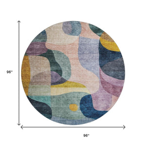 HomeRoots 8' Vibrant Abstract Geometric Round Rug in Green, Purple, Gold & Teal – Washable & UV Protected for Durability 684831