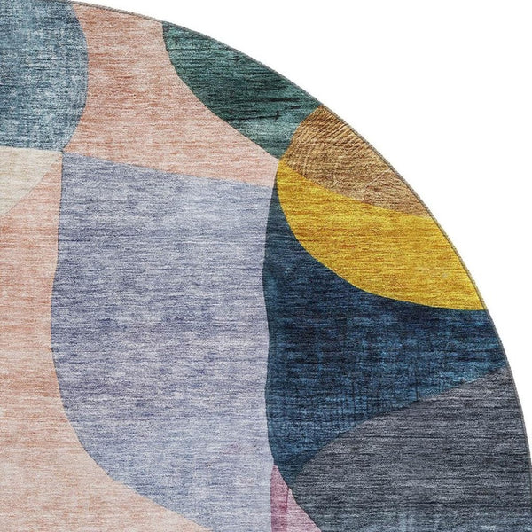 HomeRoots 8' Vibrant Abstract Geometric Round Rug in Green, Purple, Gold & Teal – Washable & UV Protected for Durability 684831