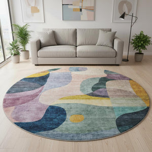 HomeRoots 8' Vibrant Abstract Geometric Round Rug in Green, Purple, Gold & Teal – Washable & UV Protected for Durability 684831
