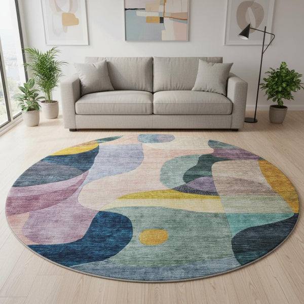HomeRoots 8' Vibrant Abstract Geometric Round Rug in Green, Purple, Gold & Teal – Washable & UV Protected for Durability 684831