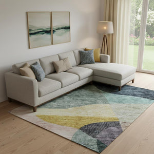 HomeRoots 9' X 12' Washable Abstract Geometric Area Rug in Green, Purple, Gold & Teal - UV Protected & Durable 684833