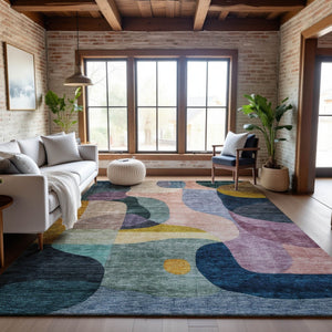 HomeRoots 9' X 12' Washable Abstract Geometric Area Rug in Green, Purple, Gold & Teal - UV Protected & Durable 684833