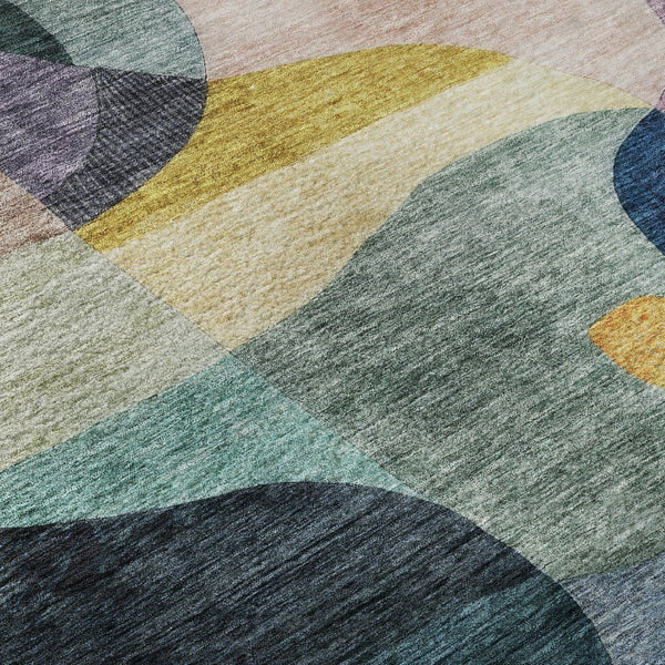 HomeRoots 9' X 12' Washable Abstract Geometric Area Rug in Green, Purple, Gold & Teal - UV Protected & Durable 684833