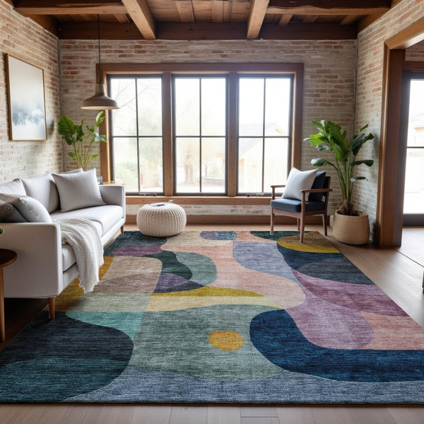 HomeRoots 10' X 14' Washable Abstract Geometric Area Rug in Green, Purple, Gold & Teal - UV Protected & Durable 684834