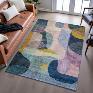 HomeRoots 10' X 14' Washable Abstract Geometric Area Rug in Green, Purple, Gold & Teal - UV Protected & Durable 684834