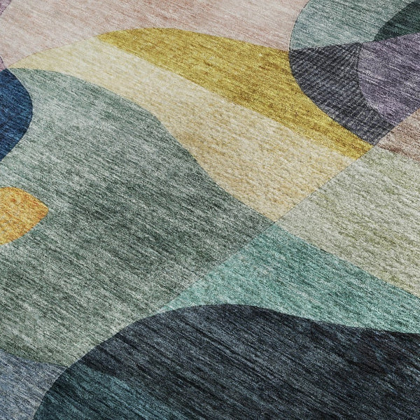 HomeRoots 10' X 14' Washable Abstract Geometric Area Rug in Green, Purple, Gold & Teal - UV Protected & Durable 684834