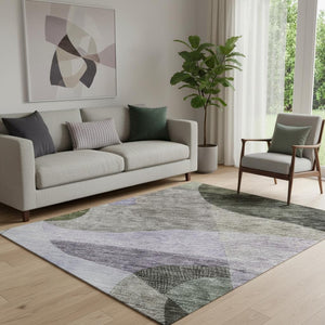 HomeRoots 5' X 8' Washable Abstract Geometric Area Rug in Olive Green, Purple & Brown - UV Protected & Durable! 684836