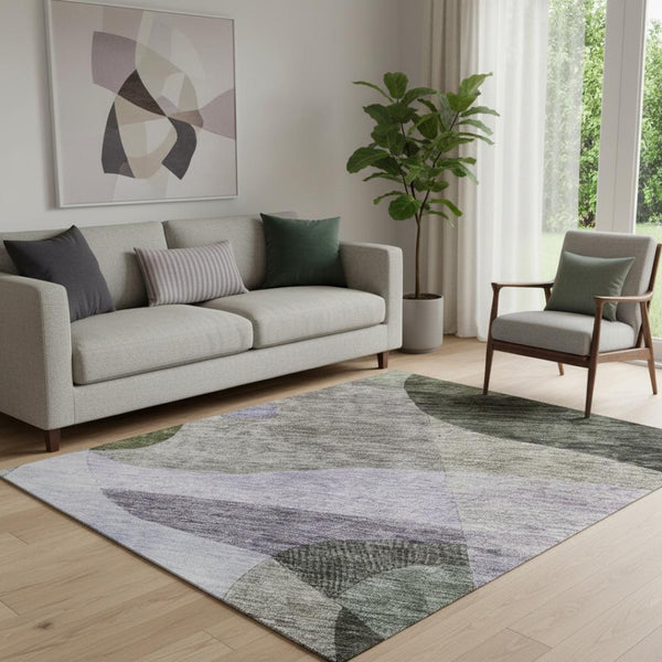 HomeRoots 5' X 8' Washable Abstract Geometric Area Rug in Olive Green, Purple & Brown - UV Protected & Durable! 684836