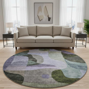HomeRoots 8' Washable Round Rug with Olive Green, Purple & Brown Geometric Design - UV Protected & Stain Resistant! 684837