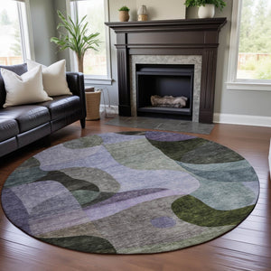HomeRoots 8' Washable Round Rug with Olive Green, Purple & Brown Geometric Design - UV Protected & Stain Resistant! 684837