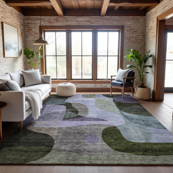HomeRoots 9' X 12' Washable Abstract Geometric Area Rug in Olive Green, Purple & Brown - Stain & UV Resistant 684839