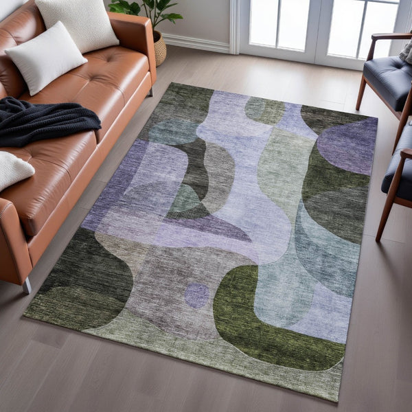 HomeRoots 9' X 12' Washable Abstract Geometric Area Rug in Olive Green, Purple & Brown - Stain & UV Resistant 684839