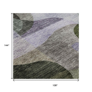 HomeRoots 9' X 12' Washable Abstract Geometric Area Rug in Olive Green, Purple & Brown - Stain & UV Resistant 684839